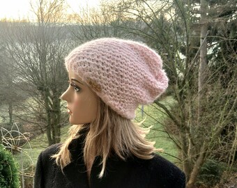 Mütze Alpaka /Seide weich zart Krausrippen rosa beanie