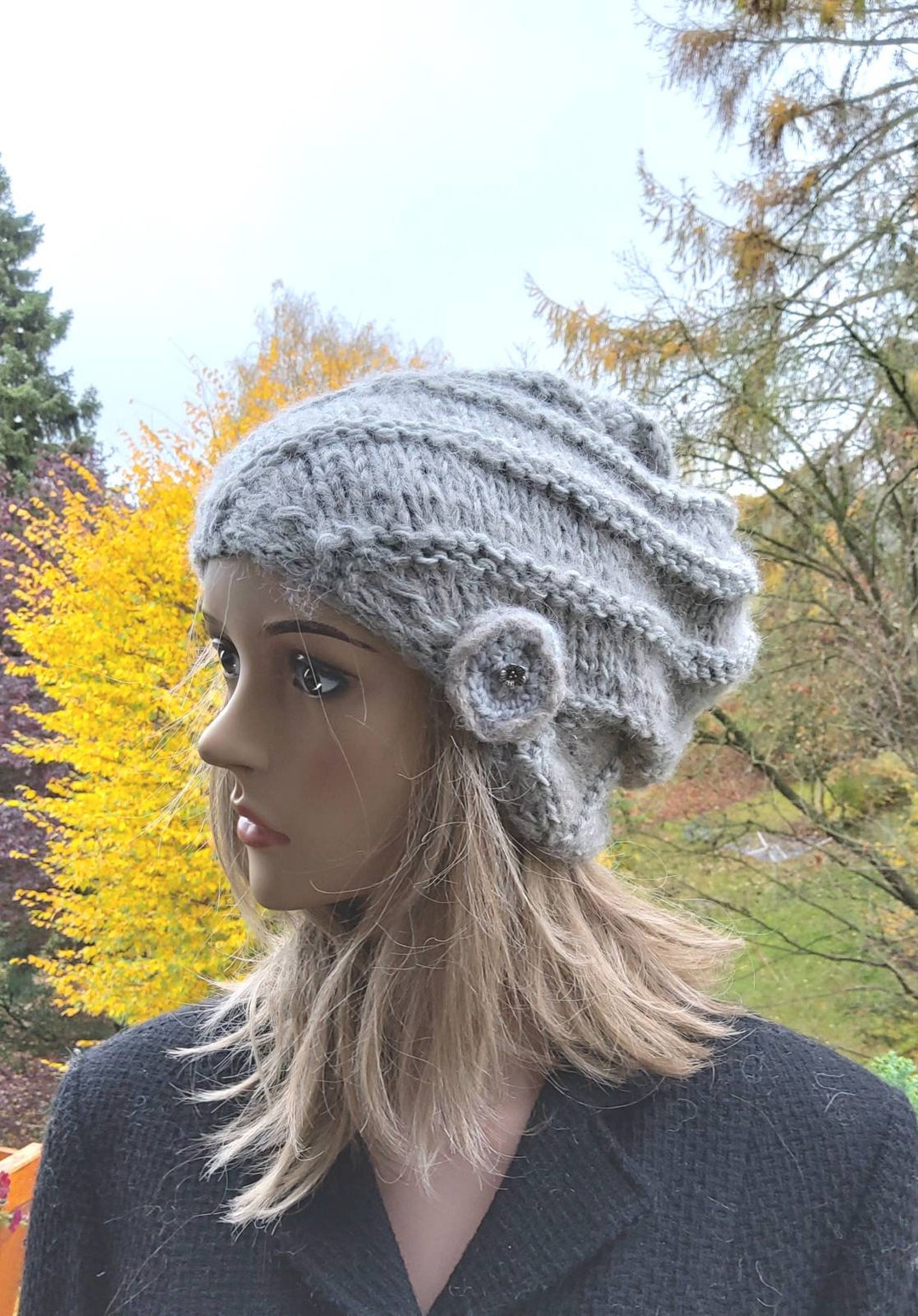Bonnet (béret) Femme Tricoté Main - Gris - Fait Main - Neuf Sans étiquettes