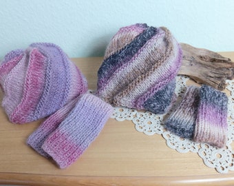 SET: Mohair/wool hat, swirl hat, beanie, hand cuffs color gradient