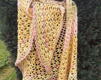 SINGLE PIECE: Mohair/silk large stole, triangle shawl, crocheted, yellow, orange gradient
