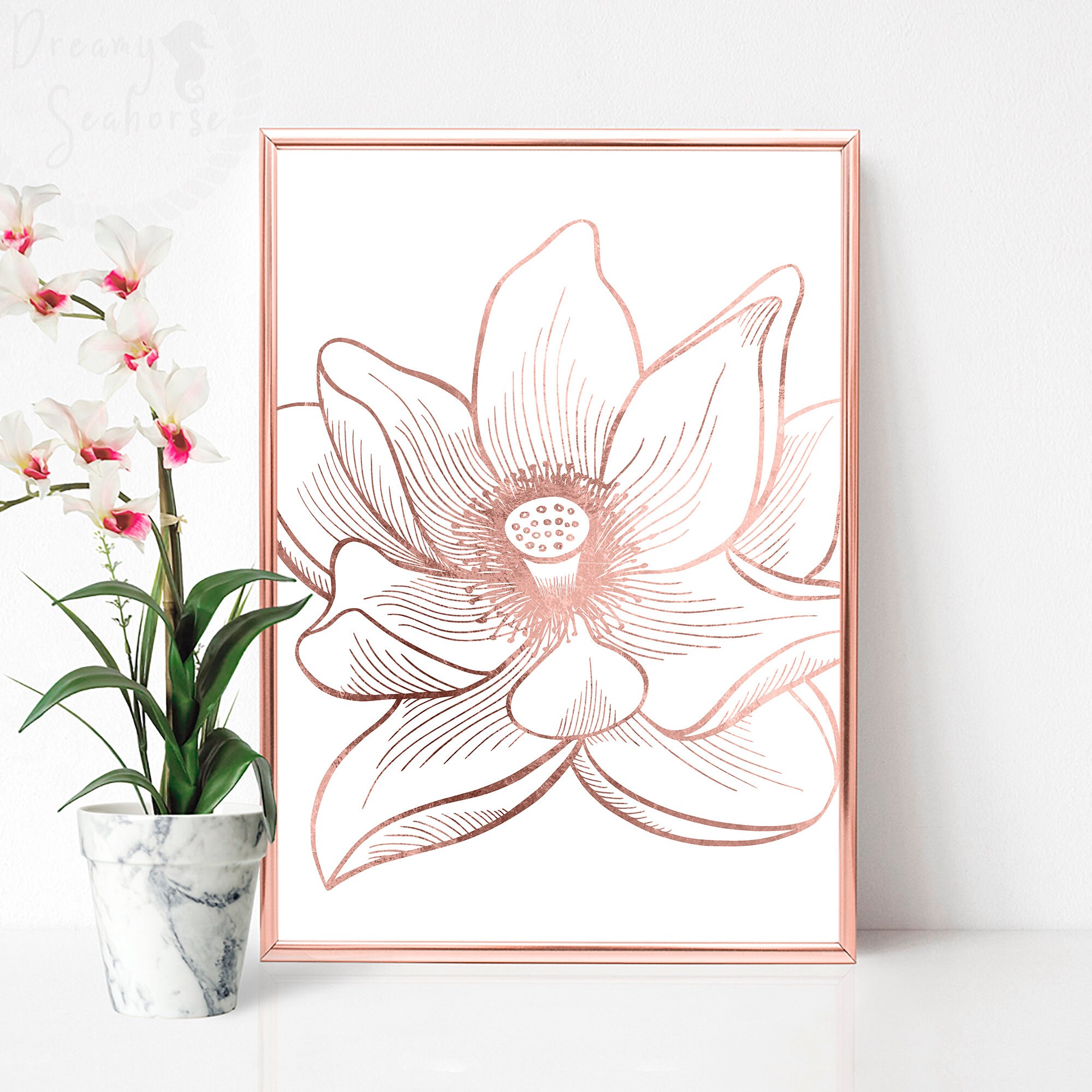 Rose Gold Flower Wall Decor Printable Lotus Wall Art Flower Etsy