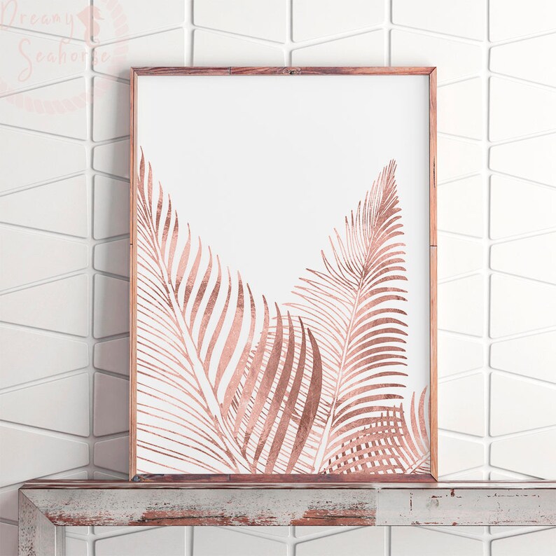 Pink Gold Wall Decor Fern Print Rose Poster Bedroom Art Leaf Large Modern