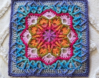 Crochet Pattern - Frost Flower granny square afghan block for sampler blanket advanced crochet pattern by Polly Plum