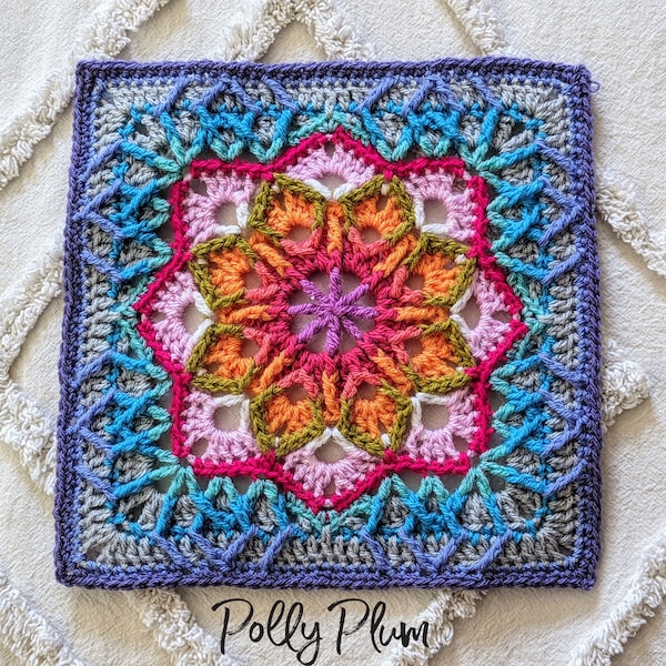 Crochet Pattern - Frost Flower granny square afghan block for sampler blanket advanced crochet pattern by Polly Plum