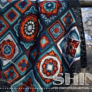 May include: A colorful, handmade crochet blanket with a geometric pattern. The blanket features squares in teal, orange, white, and black, with the word "SHINY" and "THE COMPLETE COLLECTION" in white text.