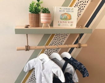 Scandi Nursery Clothes hanger | Nursery shelf with rail | floating shelf with rope and pole | Nursery shelf with hanging rail