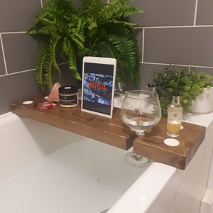 Bath Board with iPad & wine holder Bath caddy wine holder Bath Plank with Tablet holder image 5