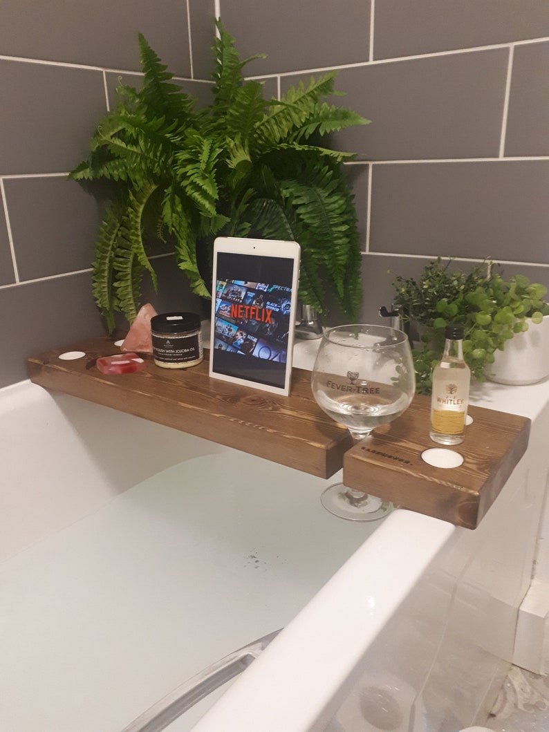 Bath Board with iPad & wine holder Bath caddy wine holder Bath Plank with Tablet holder image 5