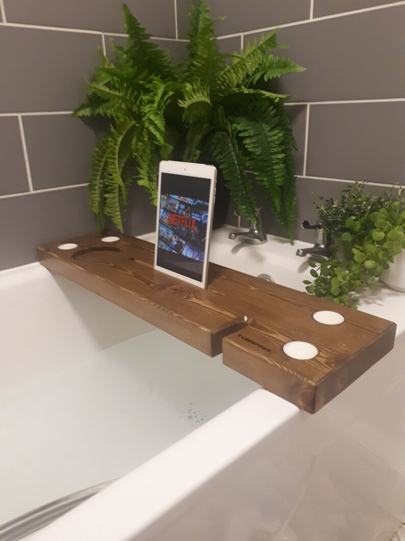 Bath Board with iPad & wine holder Bath caddy wine holder Bath Plank with Tablet holder image 6