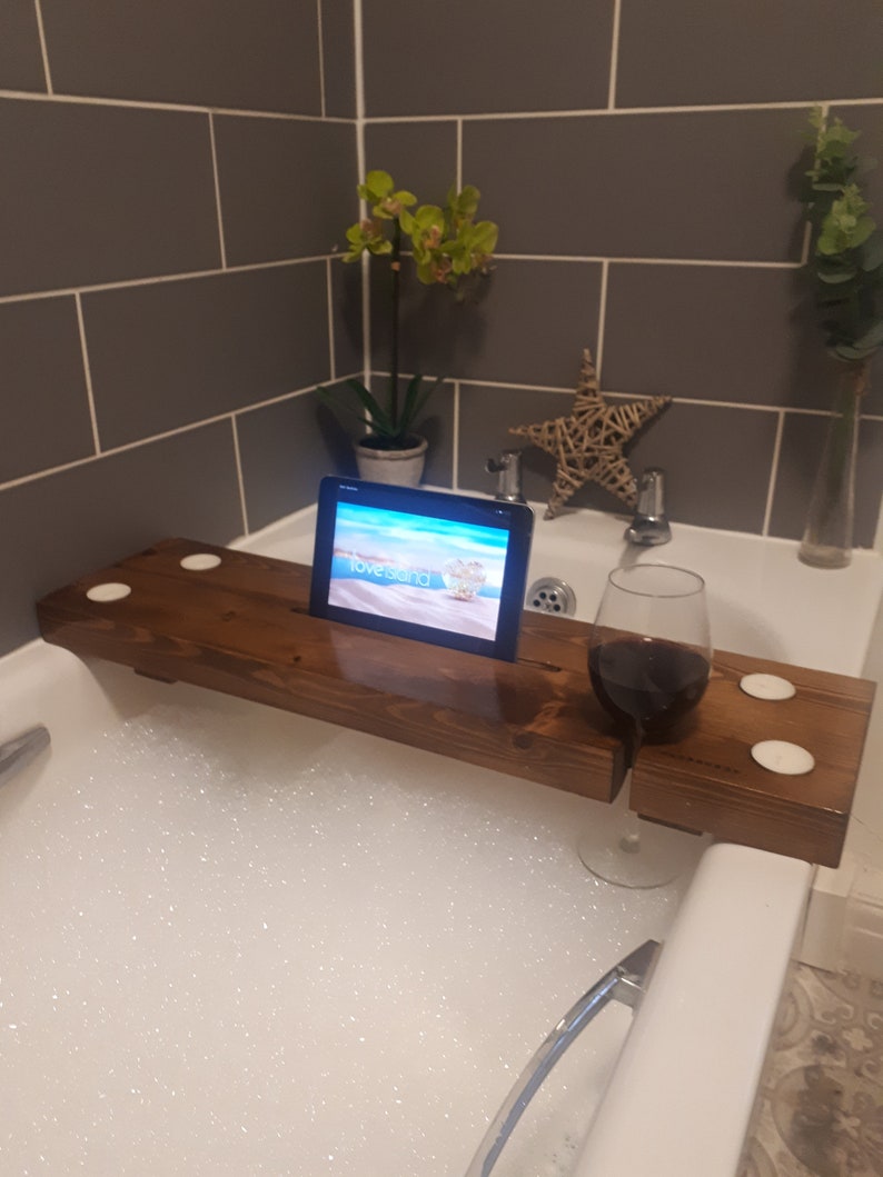 Bath Board with iPad & wine holder Bath caddy wine holder Bath Plank with Tablet holder image 4