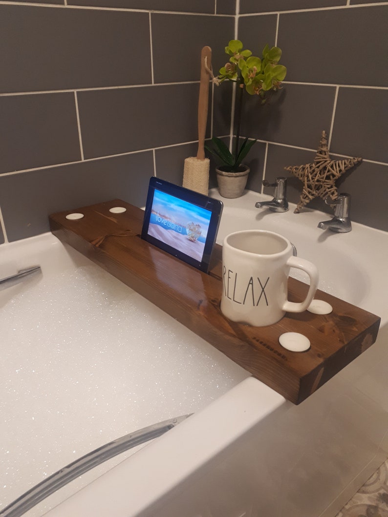 Bath Board with iPad & wine holder Bath caddy wine holder Bath Plank with Tablet holder image 3
