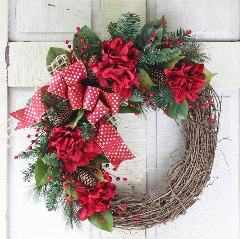 Rustic Christmas Front Door Wreath Red Hydrangea Valentines - Etsy