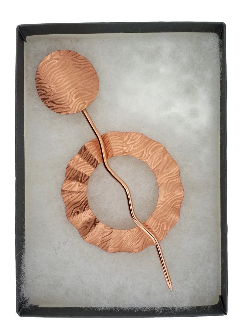 Cowl Pin Hair Stick Embossed Flowing Water Copper Shawl Pin Kilt Pin Hair Pin Brooch X-Large Size 2.5 OD Knitter Gifts Sweater Pin