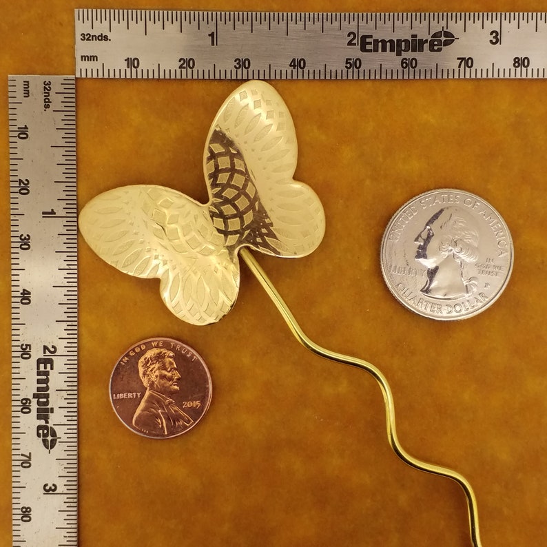 Shawl Pin Hair Pin Butterfly Motif#2 Handmade Embossed Brass Scarf Pin Sweater Pin Wrap Pin Bun Holder Hair Stick Md Sz