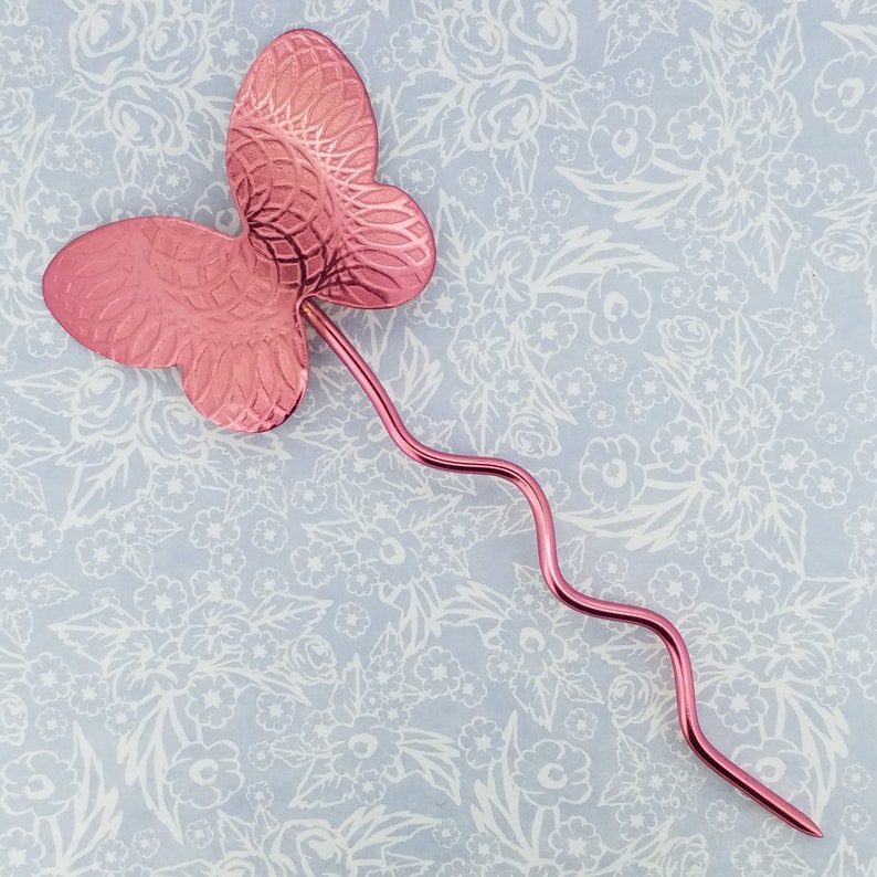 Handmade Copper Shawl Pin or Hair Pin Reddish Purple Embossed Butterfly Motif#2 Scarf Pin Sweater Pin Wrap Pin Hair Stick Md Sz