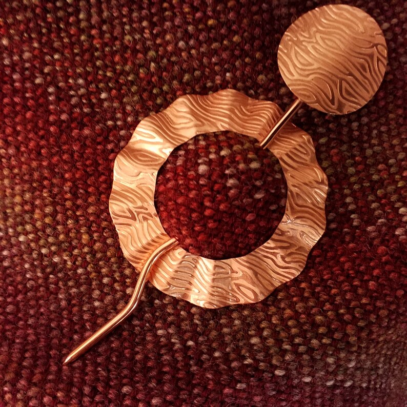 Cowl Pin Hair Stick Embossed Flowing Water Copper Shawl Pin Kilt Pin Hair Pin Brooch X-Large Size 2.5 OD Knitter Gifts Sweater Pin