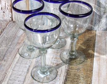 Mexican Recycled Blue Rim Wine Glasses x 4