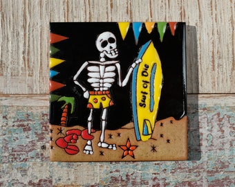 Mexican Tile Relief Skeleton Surf Or Die