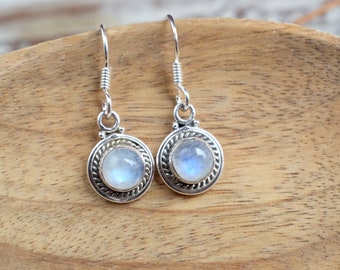 Indian Silver Earrings  -  Round Drops Moonstone