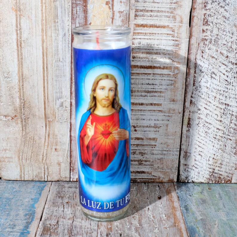Mexican Glass Religious Prayer Candle Sacred Heart Etsy