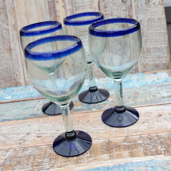 Mexican Recycled Blue Rim Wine Glasses X 4 - Etsy