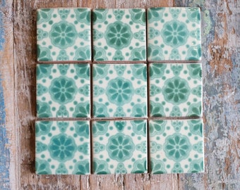 Mexican Tile Set of 9 SMALL Tiles 5cm x 5cm Lace Verde