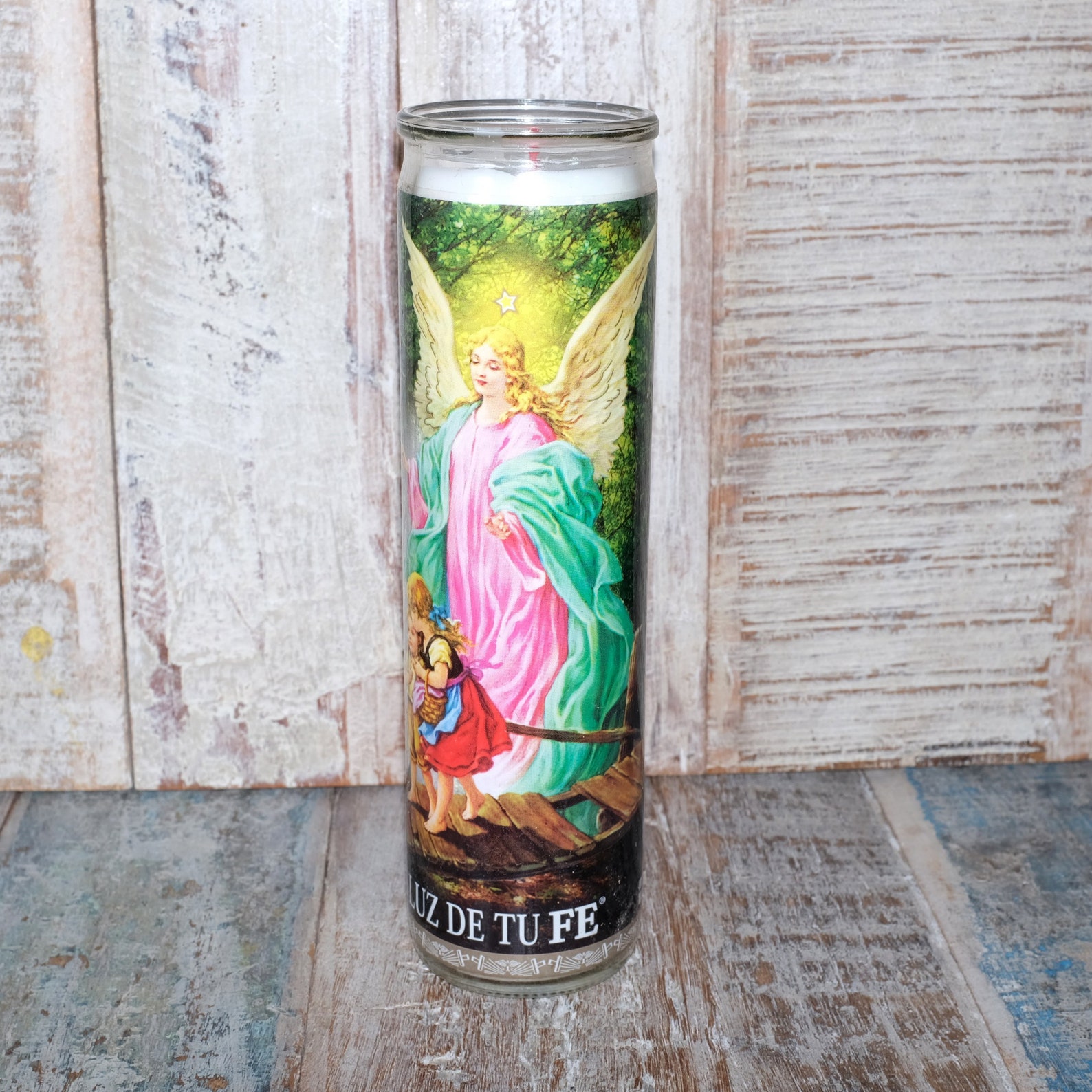 Mexican Glass Religious Prayer Candle Guardian Angel Etsy