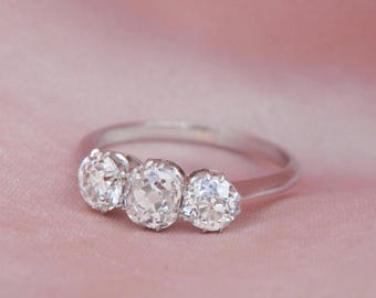 Antique Platinum Diamond Trilogy Ring, Handmade Edwardian Three Stone Ring, Independent Appraisal, Sizeable (M/6.25)