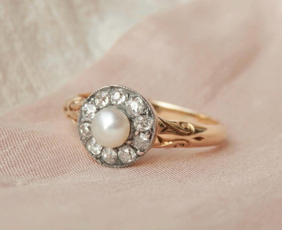 Antique pearl and diamond cluster ring, Edwardian daisy ring, independent valuation, ring size P.5, US 8 sizeable