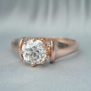 Antique diamond solitaire ring, independent valuation, Victorian rose gold ring, 0.98ct old European cut diamond, size M.5, 6.5 sizeable