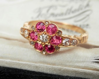 Antique Edwardian created ruby and diamond daisy ring, natural old cut diamonds, independent assessment report, ring size N, 7 sizeable
