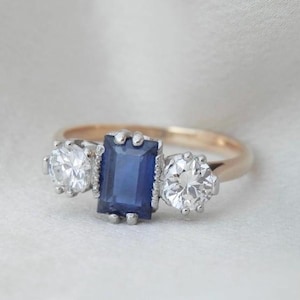 RESERVED, please do not buy, Mid Century sapphire and diamond three stone ring, independent  valuation, size L, US 5.75, resizeable