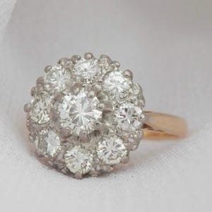 Vintage diamond cluster ring, independent valuation, handmade 1950&#39;s daisy cluster ring, 1.70ct diamonds, ring size O.5, 7.5 sizeable