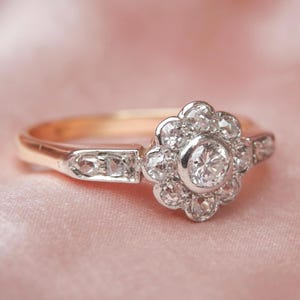 Antique diamond daisy ring, independent valuation, handmade Edwardian cluster ring, antique cluster ring, ring size R, US 8.75 sizeable