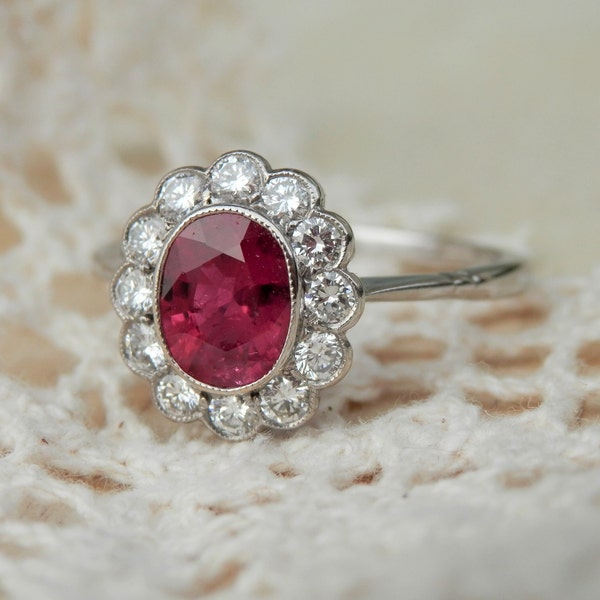 Vintage ruby and diamond cluster ring, 0.85ct natural ruby, natural diamonds, independent assessment report, ring size P, 8 sizeable