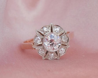 Antique diamond daisy ring, independent valuation, handmade Art Deco floral cluster, hallmarked Warsaw Poland, size N.5, US 7 sizeable