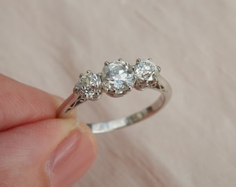 Antique diamond three stone ring, independent appraisal, Edwardian trilogy ring, 1.09ct old cut diamonds, ring size L.5, US 6 sizeable