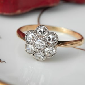 Antique Edwardian diamond daisy ring, 0.84ct RARE old Swiss cut natural diamonds, independent assessment report, size O, 7 sizeable