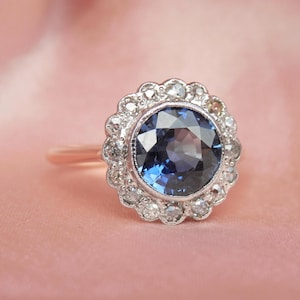 Antique sapphire and diamond daisy ring, independent valuation, handmade Edwardian cluster ring, rose gold ring, size N.5, US 7 sizeable