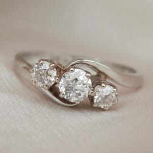 Art Deco style diamond three stone ring, independent valuation, old cut diamonds, vintage trilogy ring, hallmark 1987, size O, US 7 sizeable