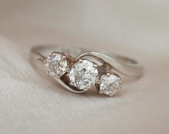 Art Deco style diamond three stone ring, independent valuation, old cut diamonds, vintage trilogy ring, hallmark 1987, size O, US 7 sizeable