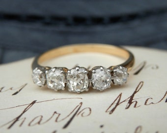 Antique Victorian five stone diamond ring, independent assessment report, 1ct old mine cut natural diamonds, size R, US 8.75 easily sizeable