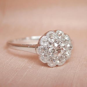 Antique diamond daisy ring, Edwardian cluster ring, Guild of Valuers valuation, Old European cut diamonds, ring size L, US 5.75 sizeable