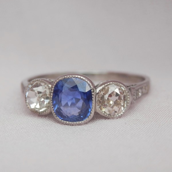 Sapphire and diamond three stone ring, independent valuation, Art Deco trilogy, size P, US 7.75 sizeable