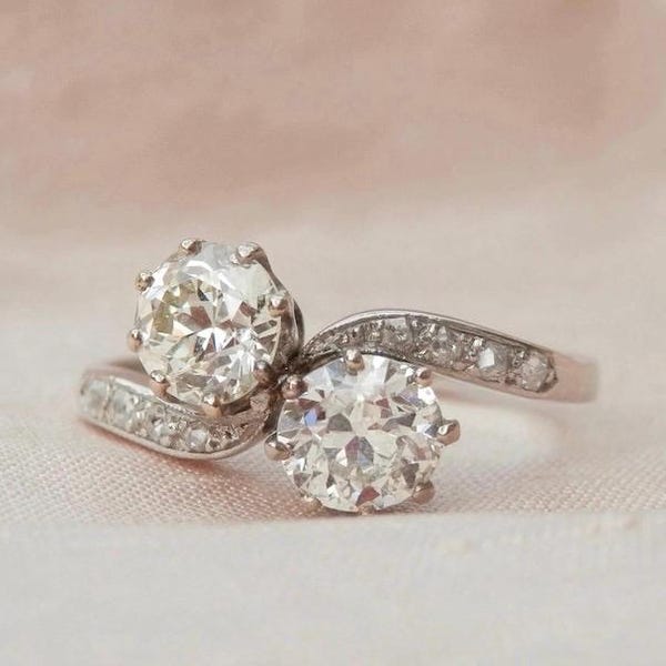 Art Déco diamond toi et moi ring, independent valuation, transitional cut diamond two stone ring, size N, US 6.75 sizeable