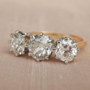 Antique three stone diamond ring, independent valuation, Edwardian trilogy ring, 2.46ct old cushion cut diamonds, size L, 5.75 sizeable