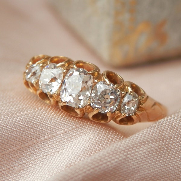 Victorian diamond five stone ring, handmade antique diamond ring, independent appraisal, 0.83ct Old Mine cut diamonds, size O, US 7.25