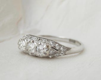 Antique Diamond Three Stone Ring, Art Deco Platinum Trilogy, Independent Appraisal, Sizeable (Q.5, 8.5)