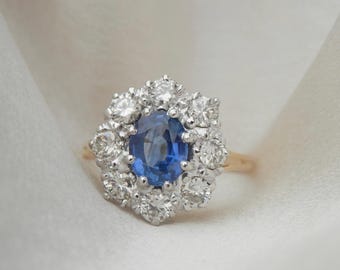 RESERVED, please do not buy, Mid Century sapphire and diamond cluster ring, independent valuation, handmade 1950s cluster, size Q.5 sizeable
