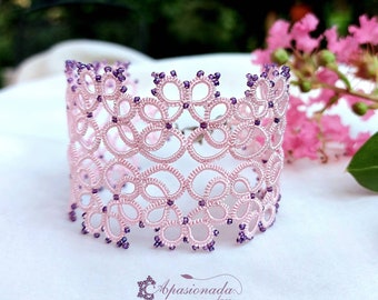 Pink Tatting bracelet, fine lace bracelet, handmade bracelet technique Tatting, Unique handmade gift for girl and woman,Romantic jewelry